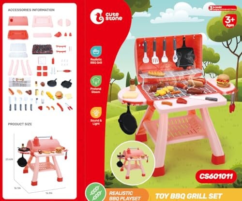 CUTE STONE Jouet de Barbecue pour Enfants Rose, Ensemble de Jouets de Cuisine, Ensemble de Jeu de Barbecue à fumée réaliste, Accessoires de Cuisine, Jouets de Simulation pour Filles