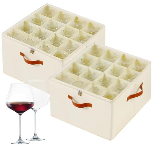 Foyego Weinglas-Aufbewahrungsbox mit Trennwänden, 2 Stück, Aufbewahrungsbehälter für Stielgläser, stapelbare Kristall-Aufbewahrungsbehälter mit transparenter Abdeckung zum Umzug, Beige