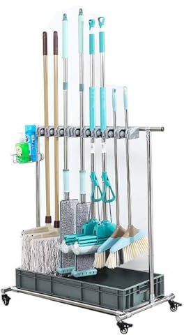 YCOVSFP Support À Balais Et Serpillères, Organiseur De Produits De Nettoyage, Chariot De Nettoyage À roulettes, Station De Rangement for Garage, Jardin, Placard, Armoire