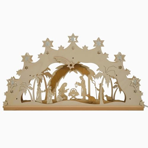 Erzwelt - Lichterbogen ELB – Schwibbogen aus Holz – Leuchtbogen mit 7 Kerzen – Original Erzgebirge Fensterbogen – Weihnachtsdeko – Motiv Christi Geburt orientalisch – 32 x 56 x 5 cm