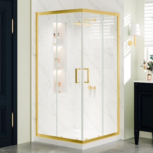 Comfystyle Corner Shower Enclosure 36 in.D x 36 in. W x 71 in. H, Double Sliding Shower Door with 1/4 in. Clear Tempered Glass, Brushed Gold Framed Sliding Shower Enclosure (Shower Base Not Included)