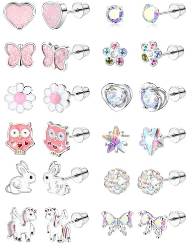 CASSIECA 12Paar Ohrringe Kinder Hypoallergene Kinder Ohrringe Mädchen | Hypoallergene Ohrringe für Mädchen Kinder Gesundheitsstecker Herz Blume CZ Ohrringe Set Kinderohrringe Silber Mädchen