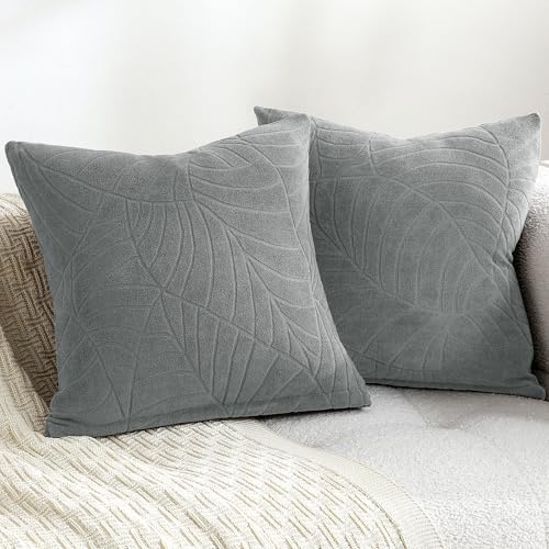 TOCOMOA Kissenbezug 45x45 2er Set Sofakissen Dekokissen Kissenbezüge Frottee, Dunkelgrau Dekorative Kissenhülle Zierkissen Blattmuster, Spritzwassergeschützter Couchkissen für Sofa Wohnzimmer