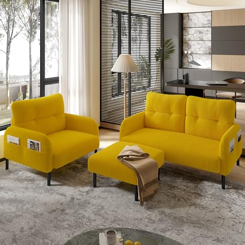 A ALFRESCOOL Cord 3er-Set, Sessel + Hocker + 2-Sitzer Sofa mit Seitentasche Stahlrohrgestell & Extraweiche Rückenlehne Tiefe Sitzfläche für Ergonomisch, Modular Kombinierbar für Wohnzimmer, Gelb