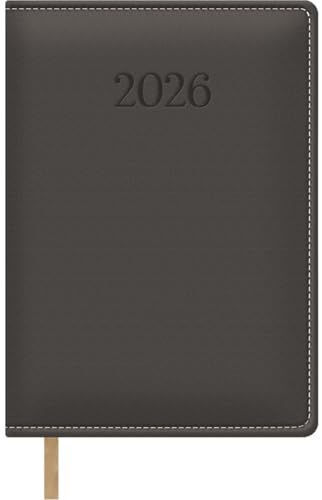 Dohe - Kalender 2026, Tagesansicht, A5 (15 x 21 cm), Hardcover, weiches Kunstleder, Lesezeichen, 12 Monate Januar bis Dezember, Jahresplaner in Spanisch, Bologna, Grau
