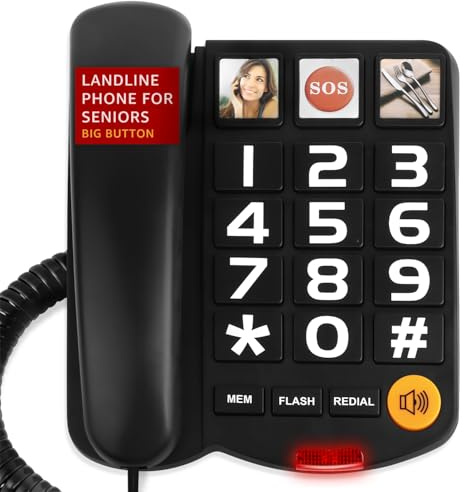 Uvital Big Button Landline Phone for Seniors, 3 One-Touch Dialing | Corded Elderly Telephone with SOS Emergency Button, Adjustable Volume, Ringtone Off Function, Large Key Home Phone, Black