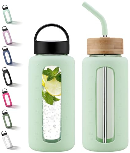 HYDRAGLAZIC Trinkflasche Glas 750ml mit 2 Deckeln und Strohhalm, Wasserflasche Glas mit Silikonhülle und Messskala, BPA frei, Auslaufsichere, Spülmaschinenfest, für Sport, Büro, Hellgrün