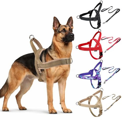 Wuhnesd No Pull Dog Harness and Leash Set-Reflective Vest with Handle&5FT Dog Leash with Car Seatbelt Clip,Breathable Mesh&Quick Fit Dog Harness Easy for Medium Large Dogs Training Walking(Brown,L)