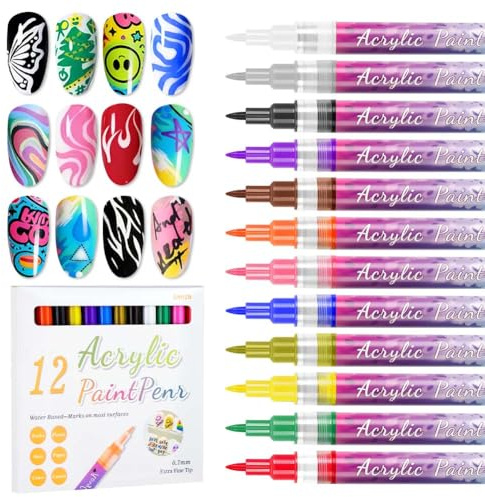 LOPHE 12 Colors Nail Art Pens, 0.7mm Fine Tip Markers for DIY Nail Design, Quick-Dry Waterproof Formula for Drawing & Dotting, Painting DIY Arts Beauty Adorn for Women Girls