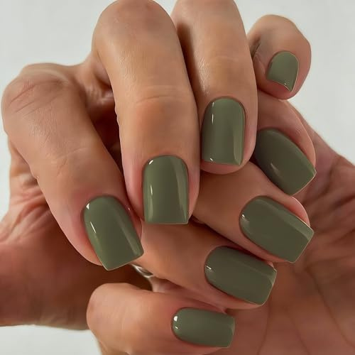 SXVME Press On Nails Short - Sage Green False Nails Square, 30 Pcs 15 Sizes Thick Natural Short Fake Nails Press ons, Reusable Opaque Glossy Gel Artificial Nail Set for Everyday Office Wear