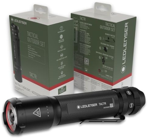 Ledlenser TAC7R Taktische Taschenlampe, wiederaufladbar, Outdoor-Set, LED 3200lm, 10 Modi inkl. RGB und Strobe, Multi-Lens-Technologie, bis zu 370m Leuchtweite, USB-C, IP68 für Polizei, Jagd, Militär | Reichweite 370 m, Multi-Lens-Technologie, bis zu 30 Stunden Akkulaufzeit, USB-C, IP68, inklusive Zubehör, Polizei und Militär