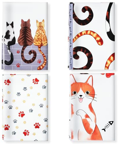 Alaoo Küchentücher Baumwolle 4 Stück, Weiche Geschirrhandtücher Küchenhandtücher in 48 * 70cm, super saugstarke, langlebige Küchentücher, Cartoon Katze für üche Trockentuch Bar Handtücher