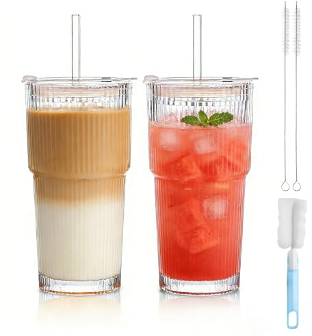 MOFXWHE 2 Stück 600ml Gerippte Glasbecher mit Deckel und Strohhalm, Transparente Glas Wasserbecher, Smoothie Becher aus Glas, Eiskaffeebecher, Longdrinkgläser, Trinkgläser für Kaffee, Tee, Saft