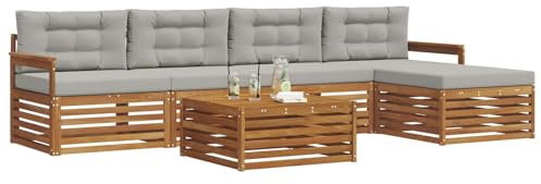 vidaXL Outdoor-Sofagarnitur mit Kissen 6 pcs Natürlich und Hellgrau, Outdoor Sofa, modernes Gartenmöbel für Terrasse, gemütliches Sitzset, robust und stilvoll