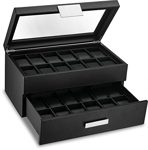 Glenor Co Uhrenbox für Männer – 24 Slot Luxus Display Schutzhülle Organizer, Karbonfaser-Design für Herren Schmuck Uhren, Metall Schnalle, Schublade & Leder Kissen – Schwarz