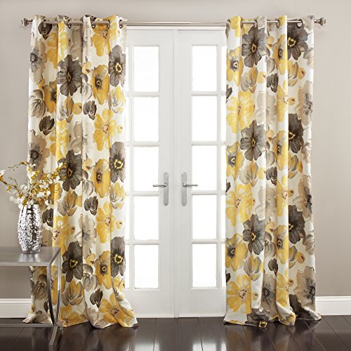 Lush Decor Leah - Paneles de Cortina de Ventana filtrantes de luz, par, 52 Pulgadas de Ancho x 95 Pulgadas de Largo, Amarillo y Gris, Cortinas Florales, Flores Coloridas de Acuarela primaveral,