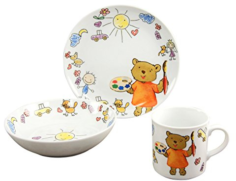 CreaTable, 15027, Serie TEDDY - Kinderservice, 3-teiliges Geschirrset für 3 Personen, Kinderservice aus Porzellan, spülmaschinen- und mikrowellengeeignet, Made in Europe