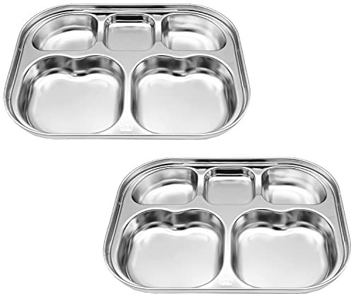 Korean Stainless Steel Divided Plates by KS&E, Kids Toddlers Babies Tray, BPA Free, Diet Food Control, Compact Serving Platter, Dinner Snack, 5 Compartment Plate Silver, Set of 2