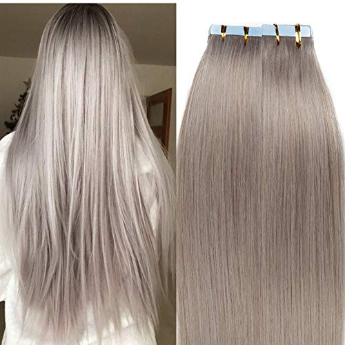 SEGO Tape Extensions Echthaar 20 Tressen/30 g Klebeband Haarverlängerung Haarteile 100% Remy Human Haar Kleber Grau 24(60cm)-30g
