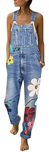 Onsoyours Women's Casual Loose Dungarees Denim Vintage Printed Baggy Jumpsuit Wide Leg Long Playsuit Bib and Brace Retro Sleeveless Jeans Overalls Trousers Pants Plus Size Y Blue 12