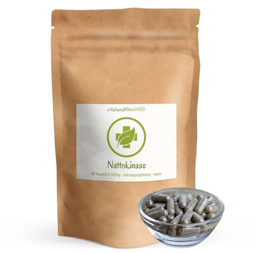 vitalundfitmit100 Nattokinase Kapseln, 60 Stück à 10 mg, 20.000 FU, aus Sojabohnen, vegan