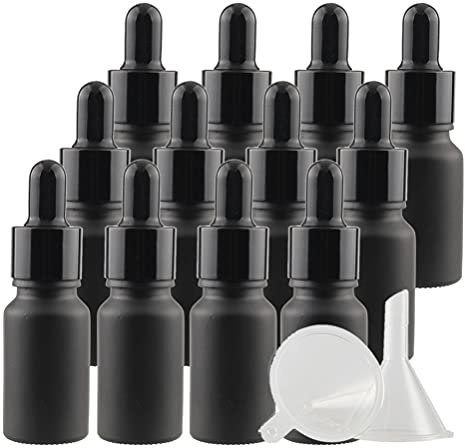 TIANZD Pack of 24, Empty 10ml Frosted Black Glass Dropper Bottles with Glass Pipette Dropper, Small Dropper Bottles with Black Metal Cap for Essential Oil Aromatherapy Blends Vials