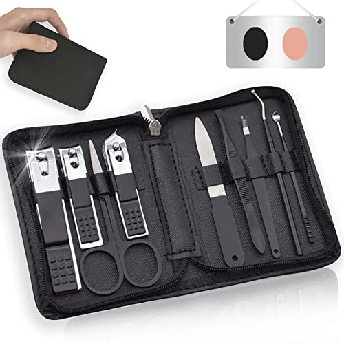 Nail Clippers Manicure Set | 9 In 1 Stainless Steel Professional Nail Care & Pedicure Kit With Zip | Nail Scissors Grooming Kit For Men Women Travel & Home Use Tools (Black)