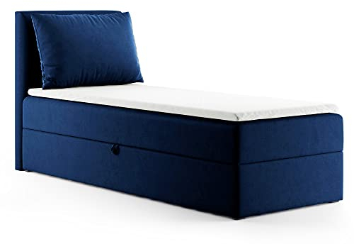 Boxspringbett Egro Mini mit Bettkasten und Kissen - Einzelbett mit Bonell-Matratze und Topper, Polsterbett, Bett, Schlafzimmer (Dunkelblau (Kronos 09), 100 x 200 cm)