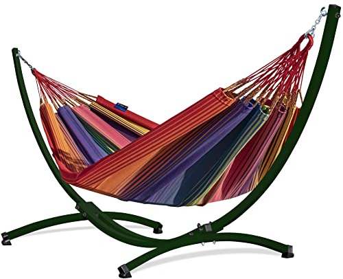 Potenza Outdoor Hängematte mit Gestell für 2 Personen I Morena - 100% Baumwolle Doppelhängematte 230x160 cm, 220kg I Hängemattengestell 220kg, wetterfest (Arriba, Gestell Grün)