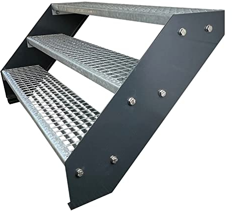 Kaminbau Mierzwa Premium Stahl Treppe Verzinkt & Anthrazit Pulverbeschichtet 3 Stufen (Breite 120 cm) (Höhe 57 cm) Wetterfest Gitterroststufe Gartentreppe