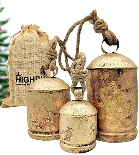 HIGHBIX Set di 3 campanelle giganti con mucca, stile vintage, fatte a mano, rustiche, portafortuna, da appendere, XL, su corda (rustico rustico, grande)