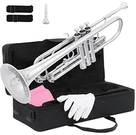 Ktaxon Bb Standard Trompete für Anfänger, Trompete für Schüler mit Hartschalenetui, 7C Mundstück, Reinigungstuch, Handschuhe, Messinginstrumente für Kinder und Erwachsene (Silber)