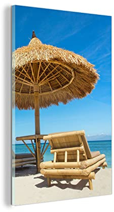 MuchoWow Glasbild Glasfoto Wandbild Bilder Deko 40x60 cm Strandkorb - Strand - Sonnenschirm - Meer - Sommer