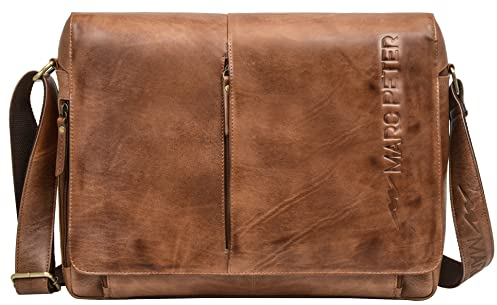 Marc Peter® Bergen leder Umhängetasche für Herren Damen | 15.6 Zoll Laptoptasche | Aktentasche aus echtem Vintage Used-Look Büffelleder Bräun