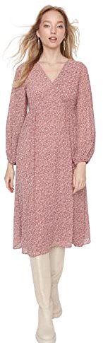 Trendyol Damen Regular Standard V-Ausschnitt Webstoff Kleid, Pink, 34