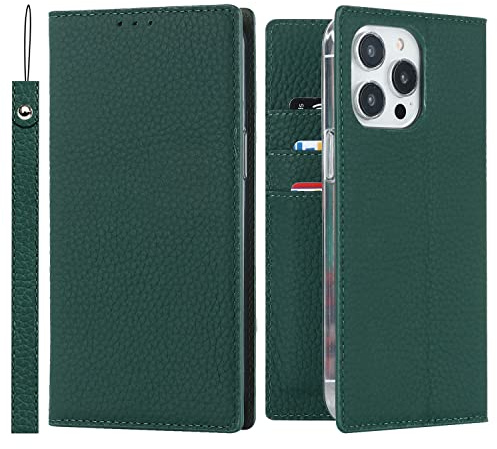 Cavor Phone Case Compatible for iPhone 14 Pro,Genuine Leather Flip Wallet Case,[3 Card Holders][Magnetic Closure][RFID-Blocking][Lanyard],Protective Case Cover for iPhone 14 Pro - Dark Green