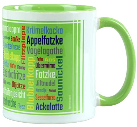 Fördeblau Schimpfwörter Tasse im Berliner Dialekt | Lustig bedruckter Mundart Kaffeebecher | Witziges Geschenk für Berliner und Fans des Berliner Dialektes | 330 ml