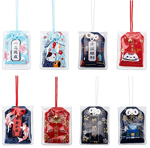 WEBEEDY Amuleto giapponese Omamori da appendere, in bustina portafortuna, per benedire, successo, salute, fortuna, ricchezza, 8 pezzi