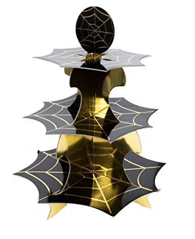 Halloween Cake Stand Spider Web - Pack of 1-3-Tier Black and Gold Cardboard Cake Stand with Spiderweb Design - Fun Halloween Party Tableware Decoration