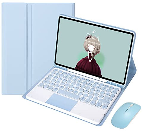 GUPENAA Étui Clavier Français pour Samsung Galaxy Tab A8 10,5 Pouces 2022 [SM-X200 / X205 / X207] Tablette, Clavier Tactile sans Fil détachable avec Porte-Crayon et Souris Bluetooth,Sky Blue