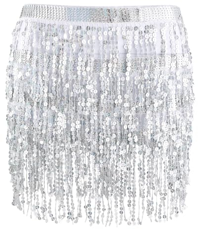 Pailletten Quaste Rock Bauchtanz Performance Glitzer Fransen Rock Karneval Kleid Party Glänzender Bauchtanz Rock Mädchen Röcke Rave Outfit Damen Bauchtanzrock Hüftgurt