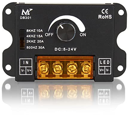 Aroidful DC 5V/12V/24V 30A PWM Frequency Adjustable Dimming Controller, Knob Adjust Brightness for Suitable for Single Color LED Light Strips, Metal Shell LED Light Strip Dimmer (Single Color)