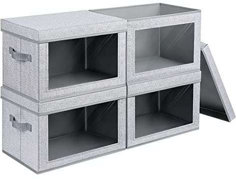 DIMJ 4 Pack Foldable Storage Boxes with Lids, Collapsible Storage Bins with Transparent Window, Fabric Storage Basket with Handle, Wardrobe Storage Organiser for Clothes, Toys, Books, Closet