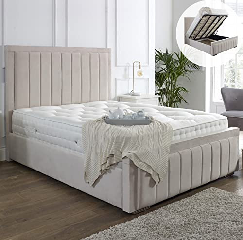 SANA SLEEP 4FT6 Ottoman Designer Plush Velvet Upholstered Bed Frame With Storage Option - Plush Cream
