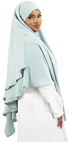 Lamis Hijab - Khimar 2 Schleier zum Überziehen aus Medinenseide, Jilbab für muslimische Frauen, verhüllt KH200, Lindgrün, One size