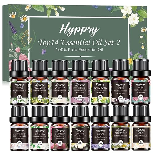 Hyppry Floral Essential Oils Fragrance Oils Set 14 x 5 ML, Premium Aromatherapy Scented Oils for Diffusers for Home - Lavender, Rose, Freesia, Ylang-Ylang, Jasmine, Chamomile, Neroli, Cherry Blossom