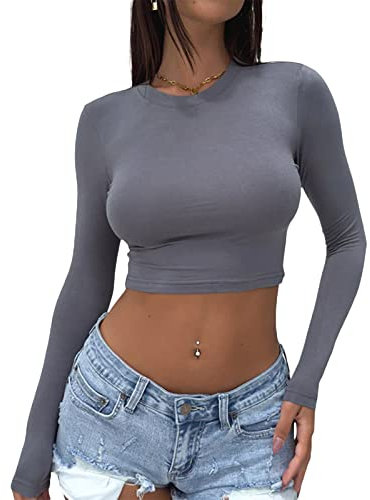M9ppzzur7 Women's Casual Basic Crop Tee Top Long Sleeve Sexy Crew Neck Fitted Solid Color Crop Top Tee Shirt Midriff-Baring Blouse Streetwear (Grey, S)