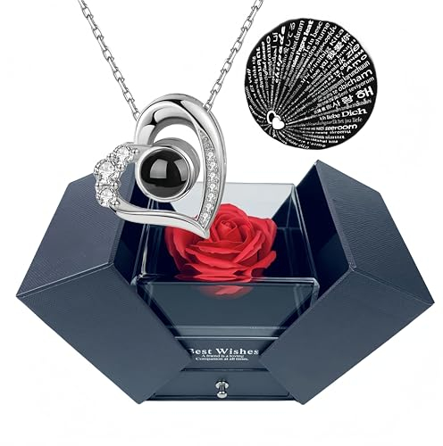 GUCHO Ewige Rose mit I Love You-Halskette in 100 Sprachen,Geschenke für Freundin,Geschenke für Valentinstag Geschenk,Frauen,Freundin,Muttertag Rosenbox