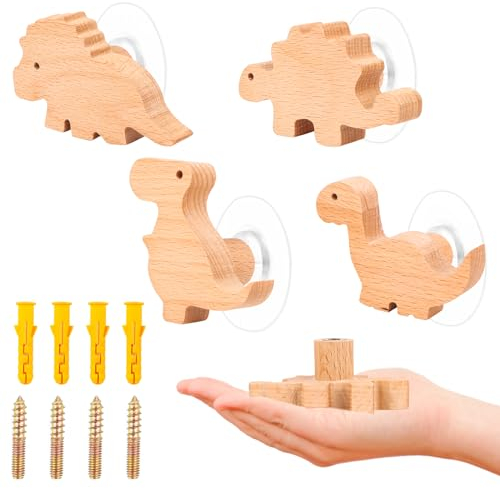 RUNEAY Children's Coat Hooks, Pack of 4, Wooden Dinosaur Wall Hooks, Self-Adhesive, No Drilling, Clothes Hooks, Suction Cup Hooks for Coat, Hat, Bag