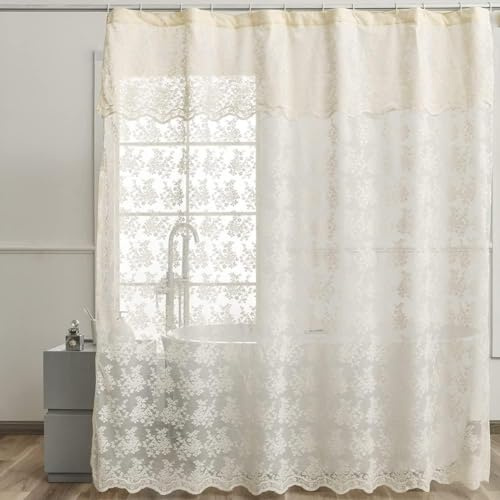 YJ Yanjun Extra breiter französischer Landhaus-Duschvorhang 259,1 x 213,4 cm, Boho-Chic, Spitze, cremefarben, mit Volant, Vintage-Stil, Landhausstil, Blumendruck, Badezimmervorhang, 259,1 cm breit | Gebogenes Blumenmuster, maschinenwaschbar, ideal für Krallenfußwannen, gebogene Stangen und geräumige Vintage-Badezimmer